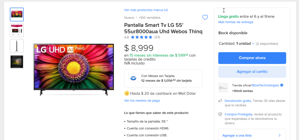 Pantalla Smart TV LG 55″ UHD