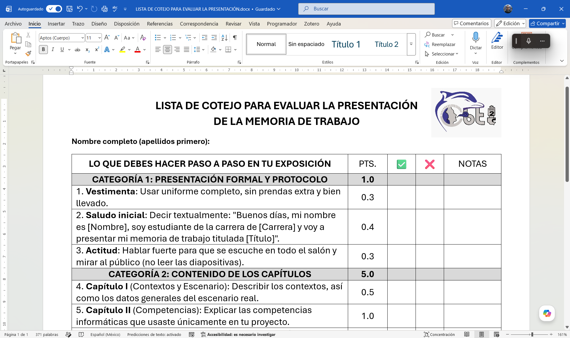 LISTA DE COTEJO PARA EVALUAR LA PRESENTACIÓNDE LA MEMORIA DE TRABAJO