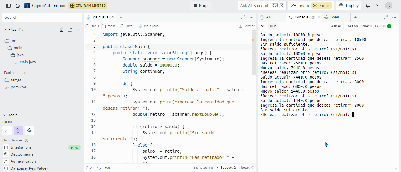 Cómo crear un programa en java que simula la función de un cajero automático